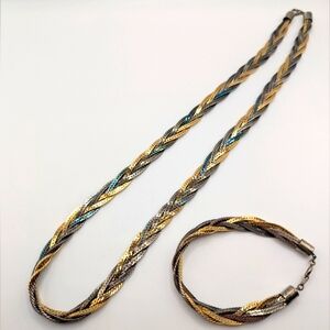 Elegant Gold and Silver Braided Necklace and Bracelet Set